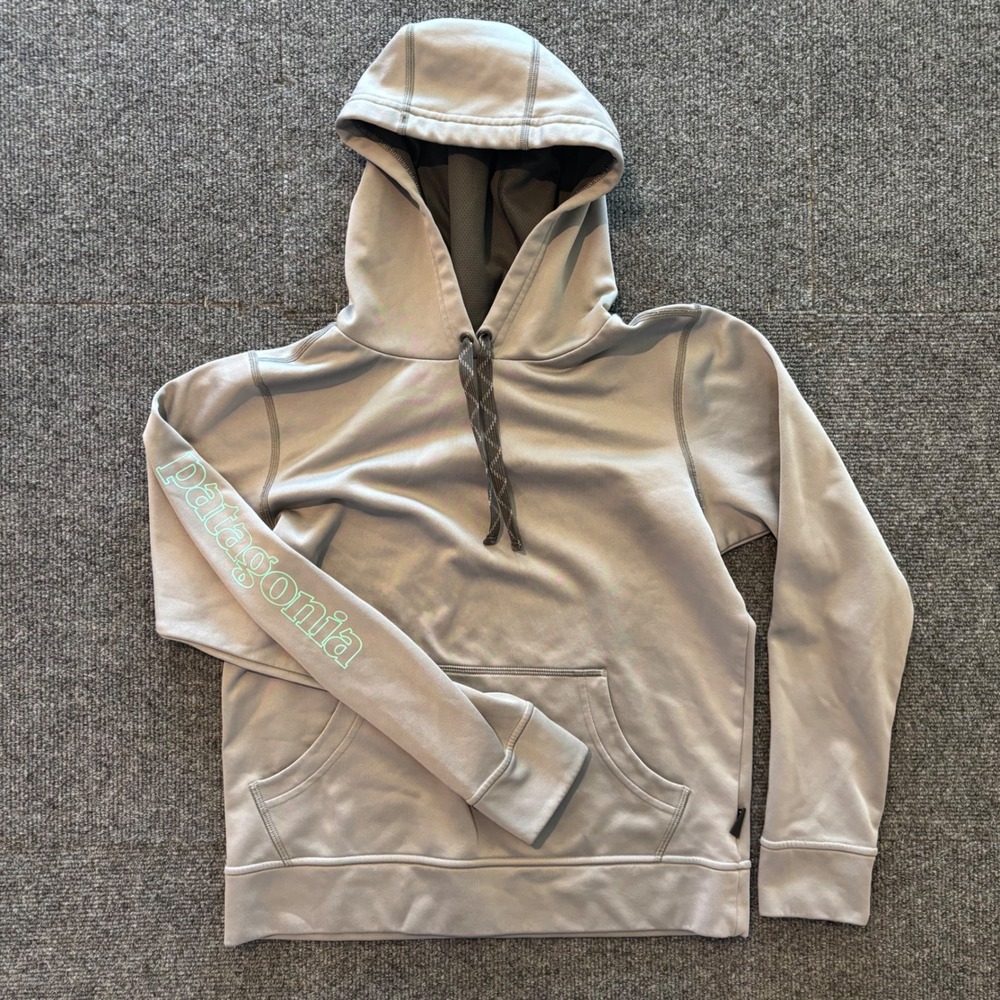 Patagonia Gray Sleeve Logo Hoodie Pullover Sweatshirt Mens Small Mint Green Logo